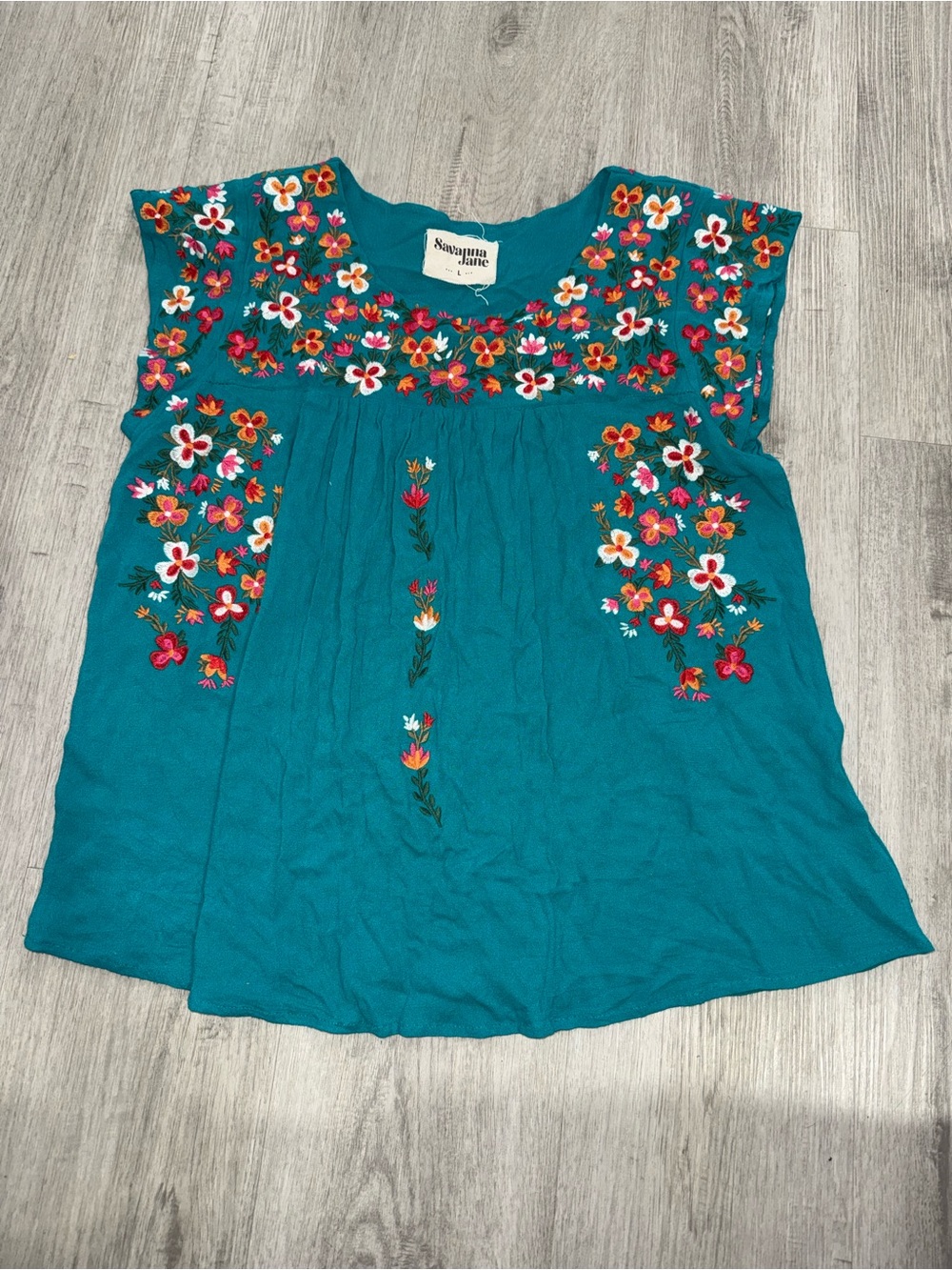 Savanna Jane Teal Floral Embroidered Peasant Tunic